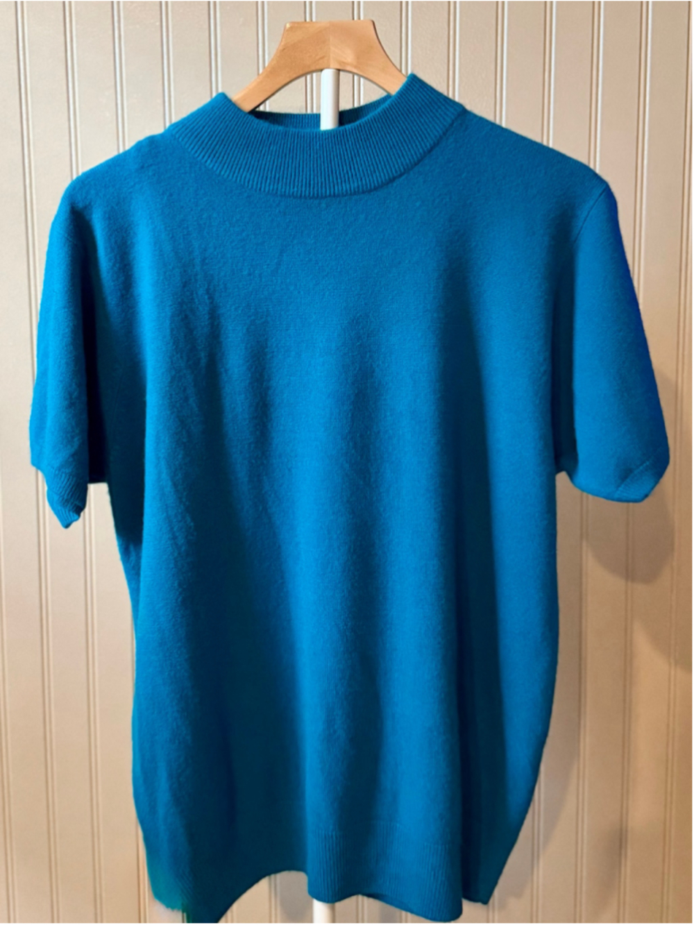 Vintage TanJay Short Sleeve Knit Sweater Blue Mock Neck Womens Large Retro